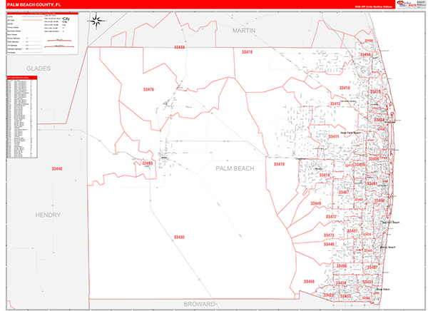 Palm Beach County, FL Wall Map Red Line Style